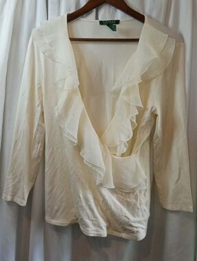 Ralph Lauren Ivory Soft Stretch Ruffle Low Cut V-Neck Shirt Large Office Sexy